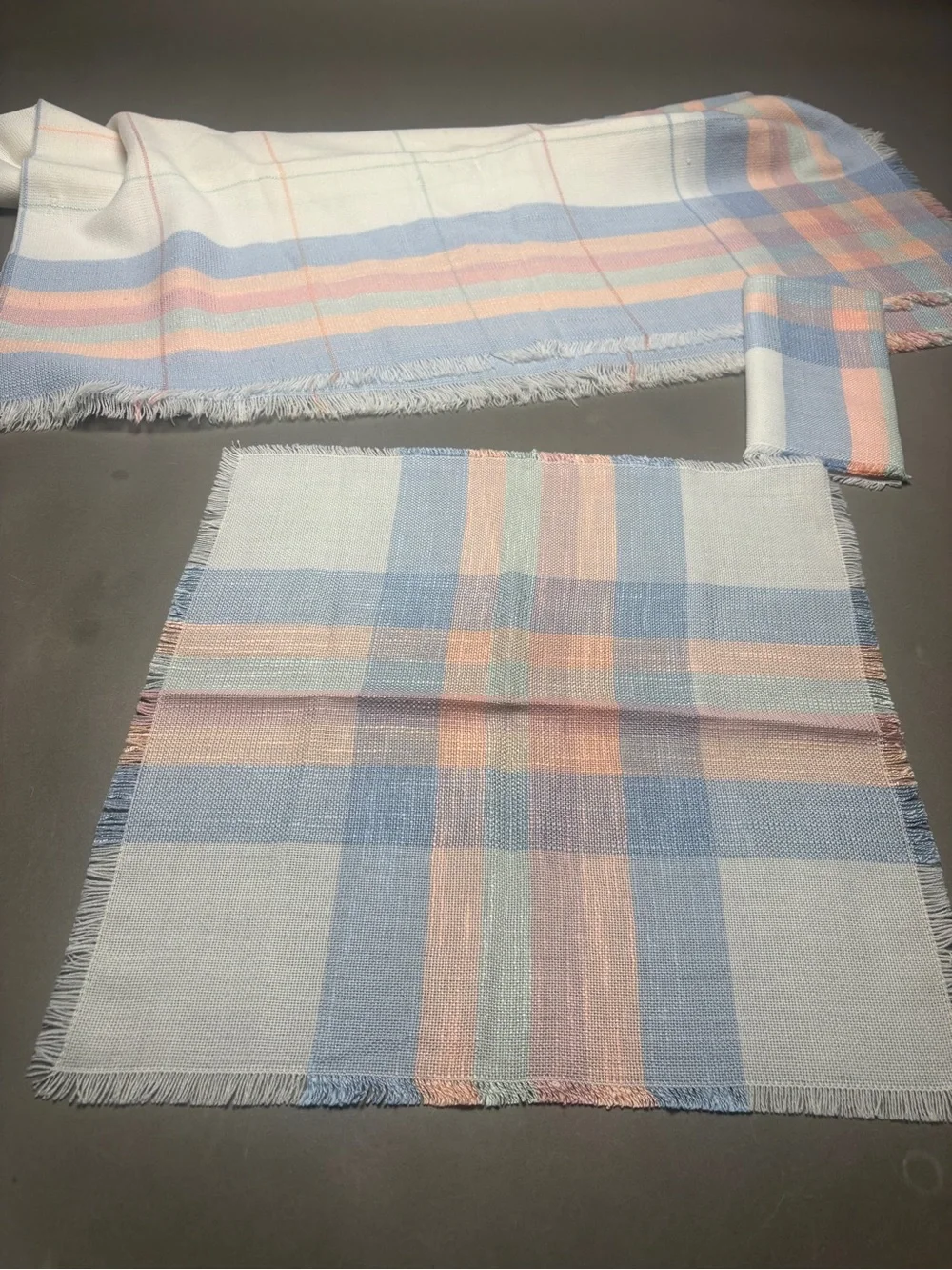 Pastel Plaid Cotton Table Cloth and Napkin Set - White, Light Blue, Pink 50x68in